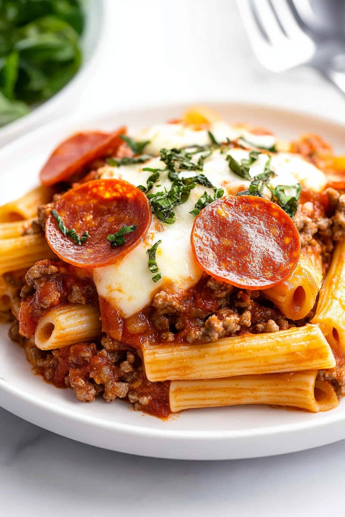 Crockpot pizza casserole  served in a white plate. 