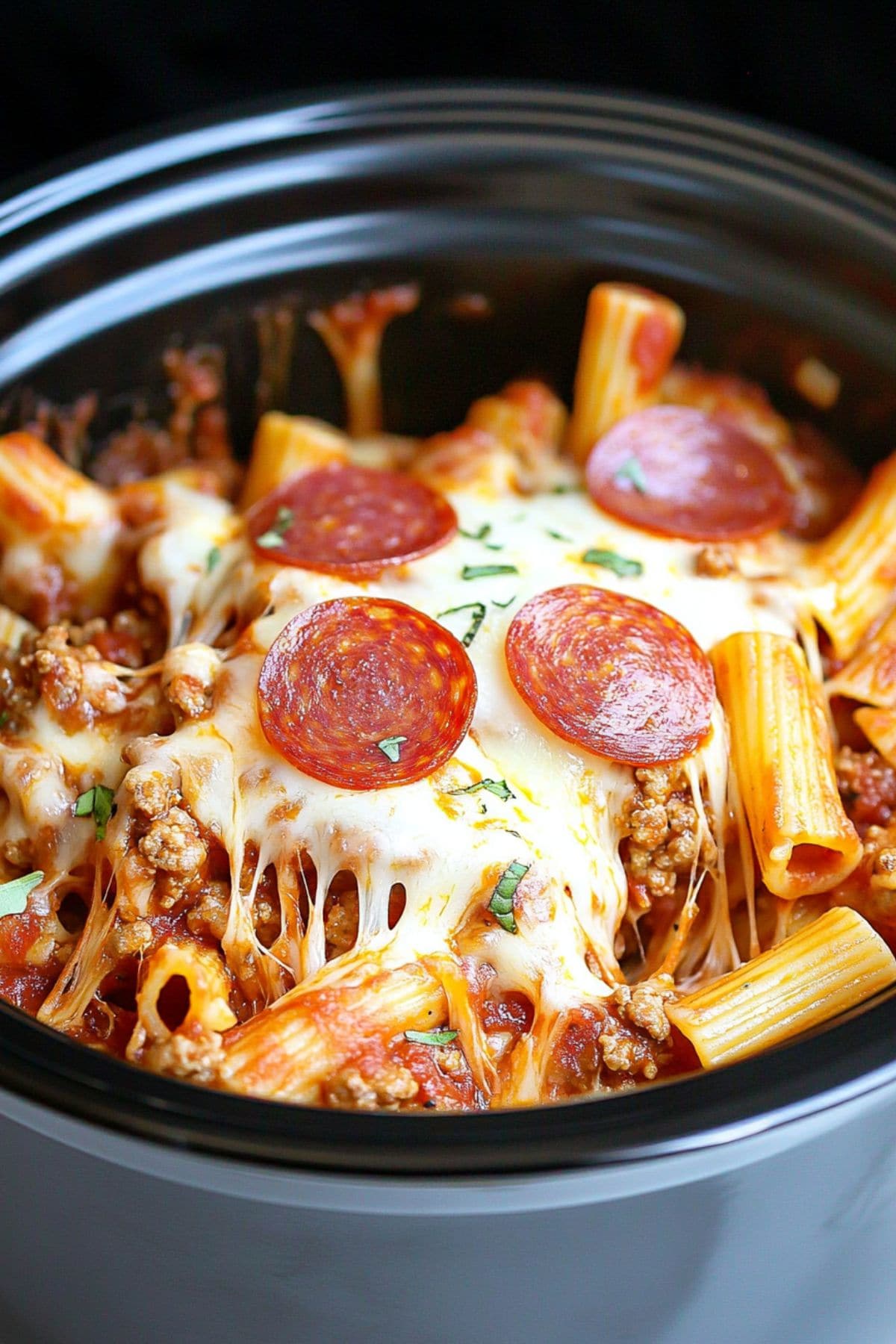 Cheesy pizza casserole cooked in a crockpot with 
Rigatoni pasta cooked with ground beef, tomato sauce, melted shredded mozzarella cheese, shredded cheddar cheese topped with pepperoni slices.