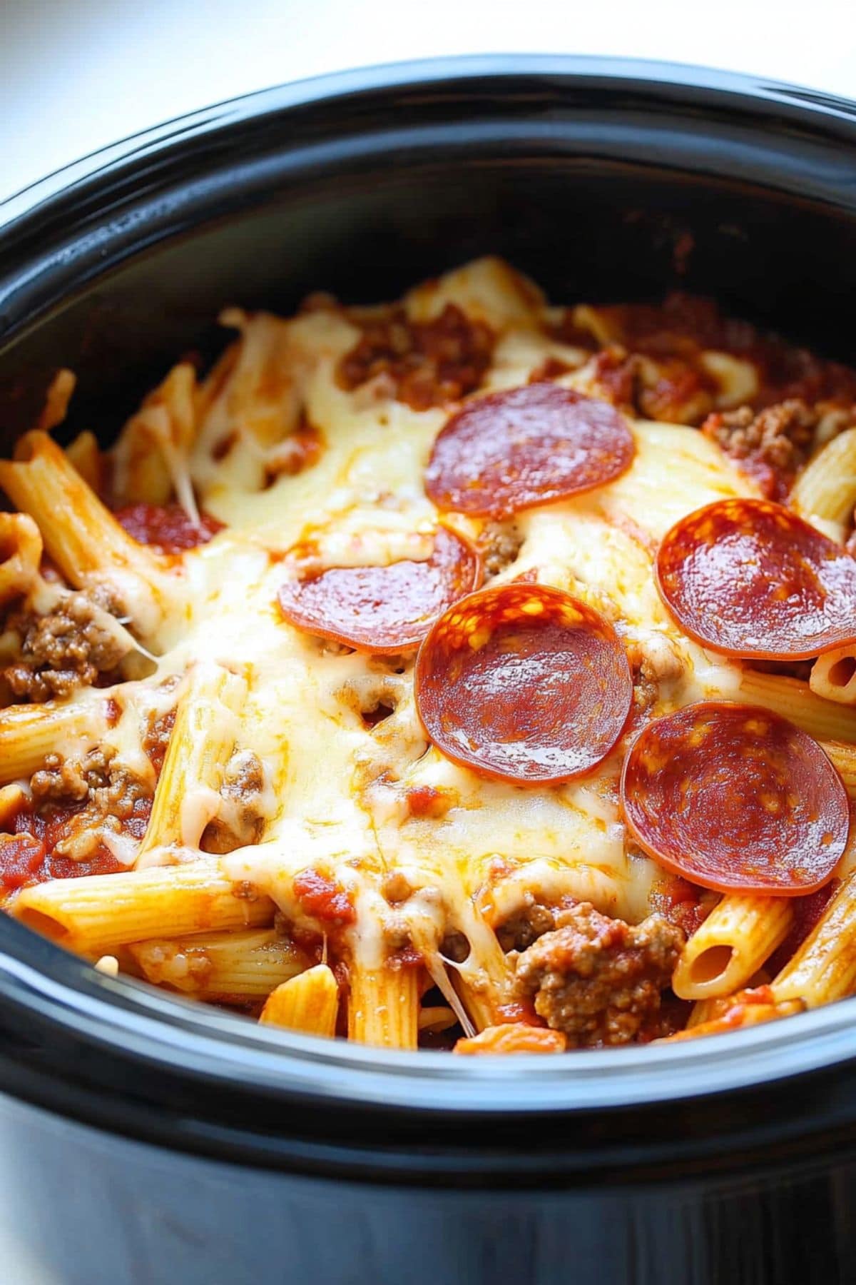 Rigatoni pasta cooked with ground beef, tomato sauce, melted shredded mozzarella cheese, shredded cheddar cheese topped with pepperoni slices cooked inside a black slow cooker pot.