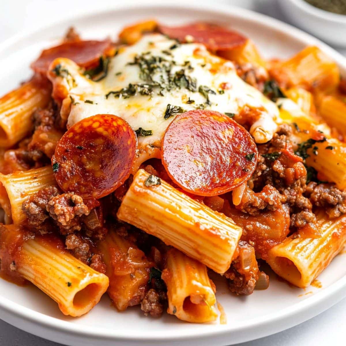 A serving of 
Rigatoni pasta cooked with ground beef, tomato sauce, melted shredded mozzarella cheese, shredded cheddar cheese topped with pepperoni slices in a white plate. 