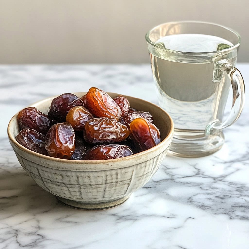 Dates in a bowl with a glass of water on the side