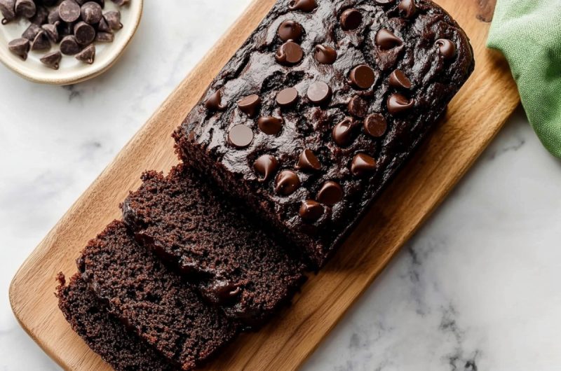 Moist and decadent double chocolate zucchini bread loaf in a wooden board.