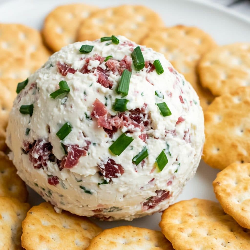 Cheese ball with chopped dried beef and chopped onions served with crackers on a plate.