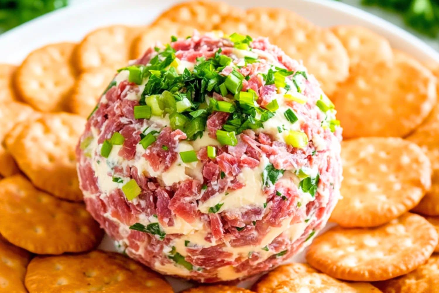 Cream cheese ball mixed with chopped dried beef and chopped onions served with a platter of crackers.