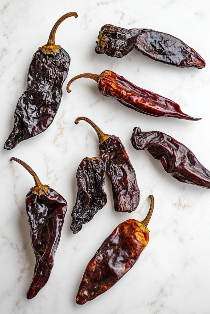 Dried chiles on a white marble table