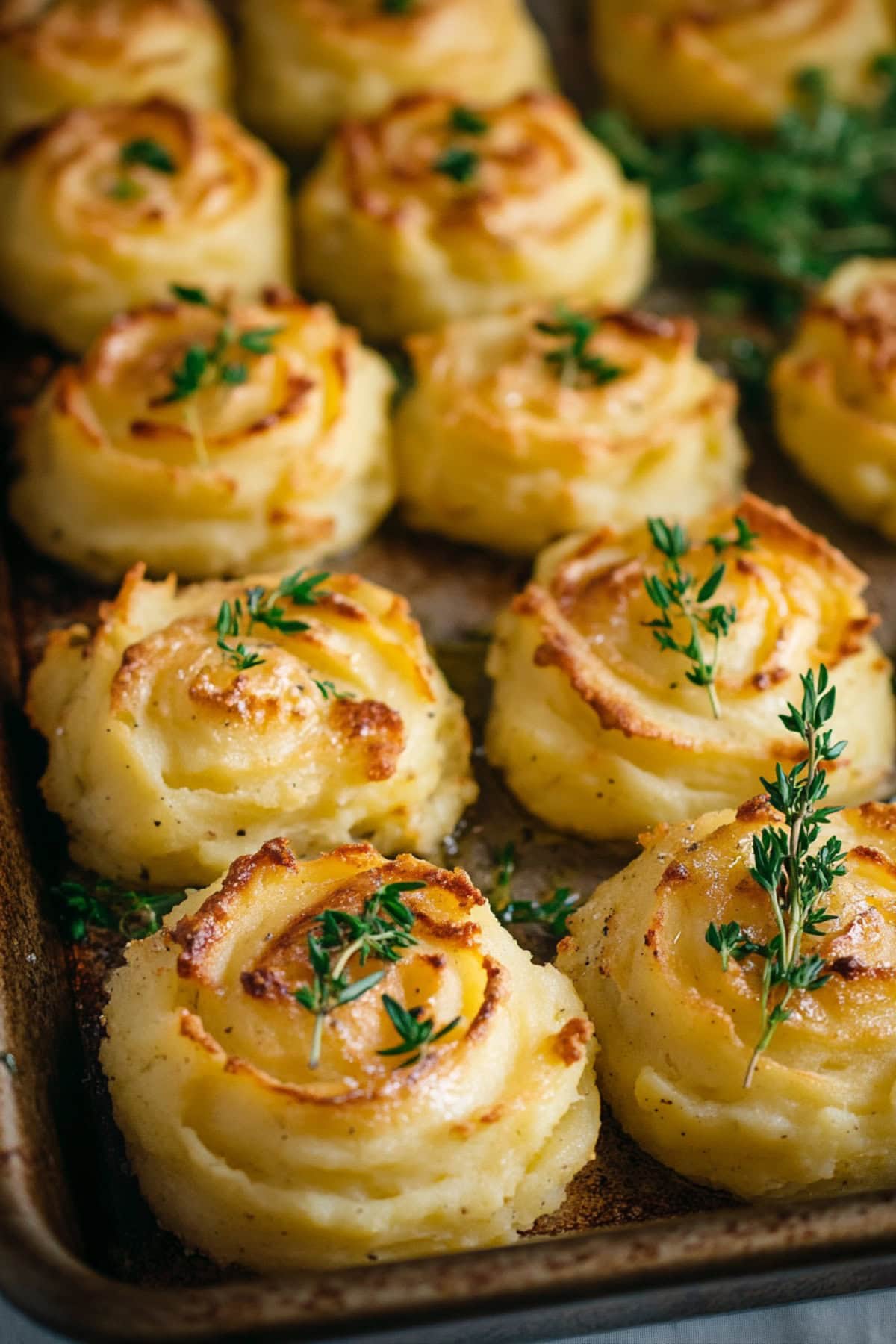 Duchess Potatoes, close up on a baking tray