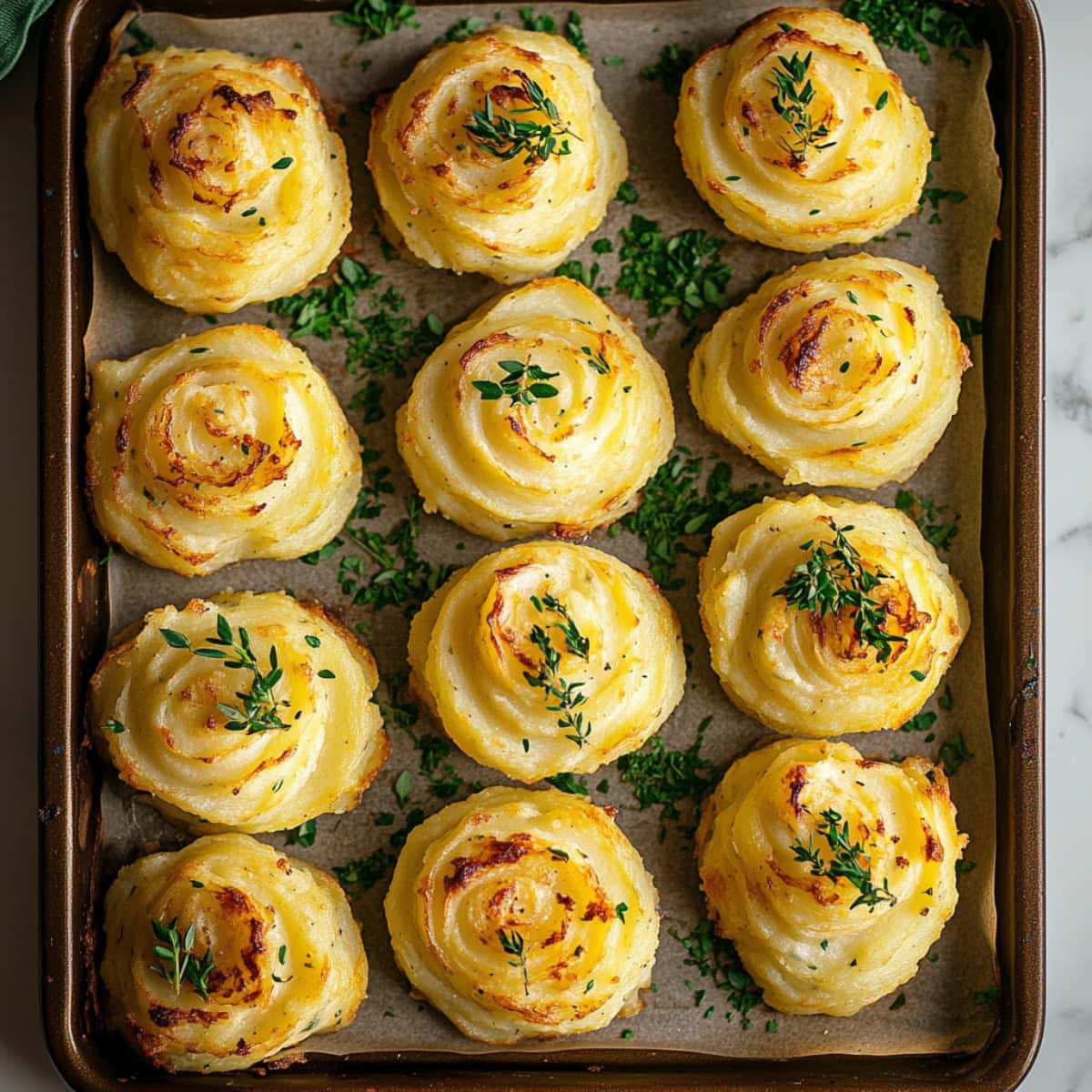 Duchess Potatoes on a Baking Tray, top view