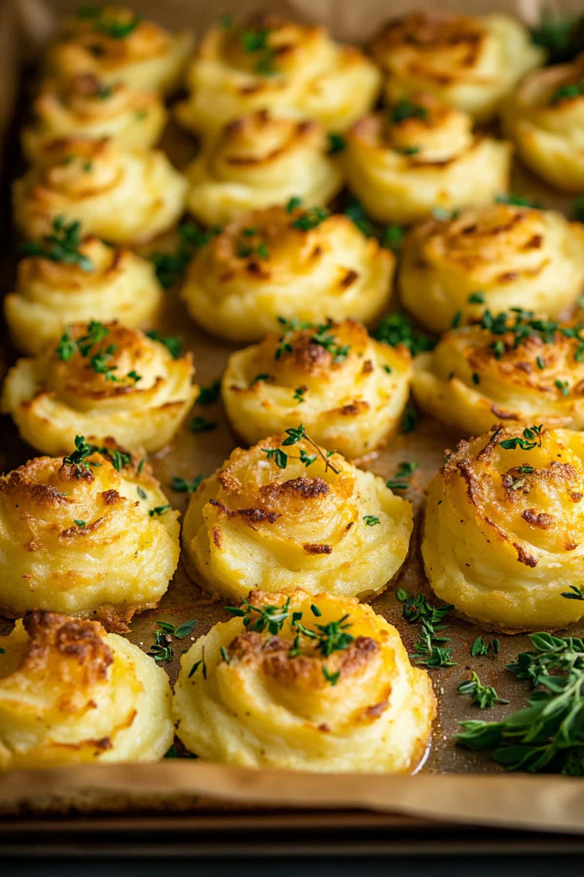 Duchess Potatoes on a Baking Tray with Fresh Herbs