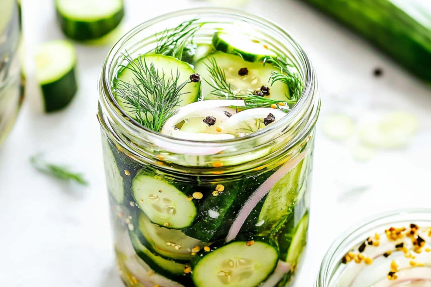 Pickled sliced cucumber with thinly sliced onions and dill in a glass jar.