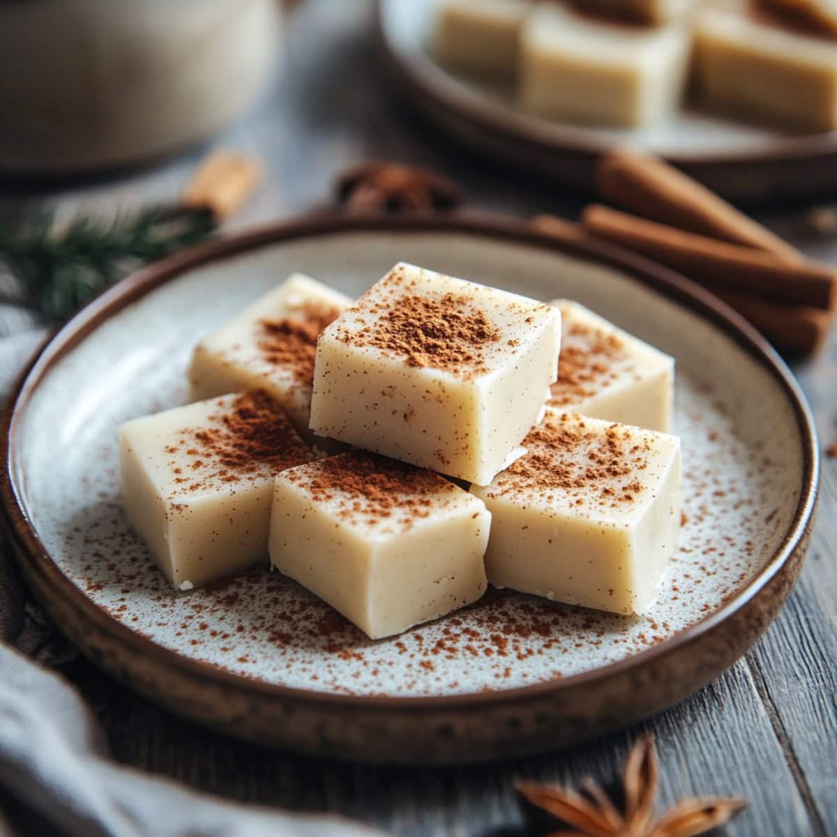 Eggnog Fudge on a plate with cinnamon on top