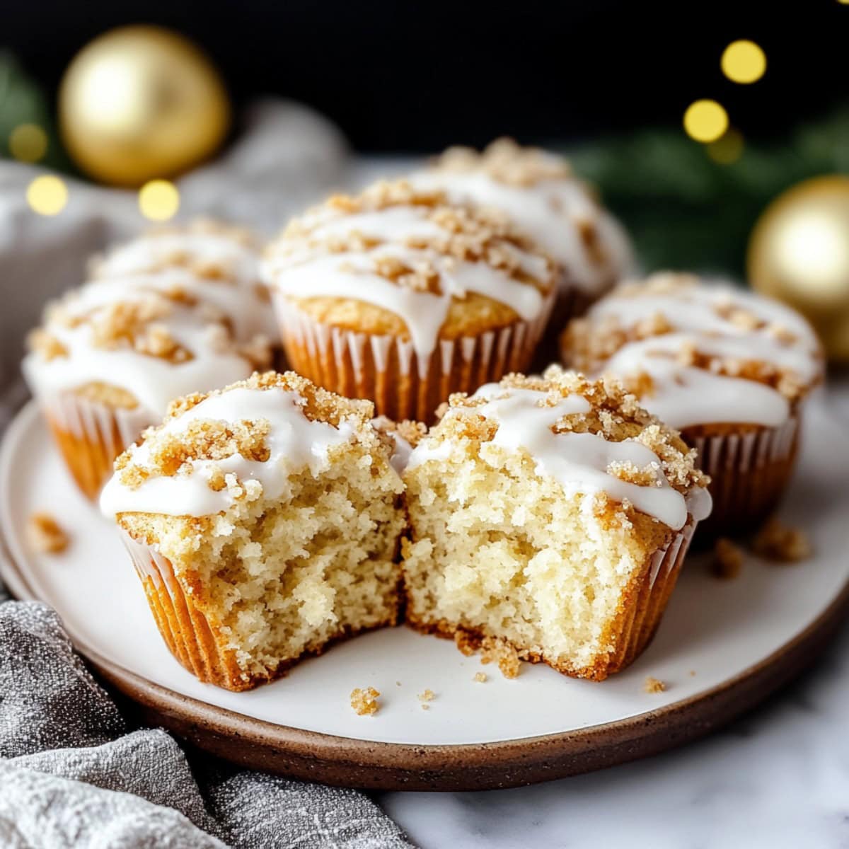 Eggnog Muffins on a plate, with one cut open to show the fluffy cake