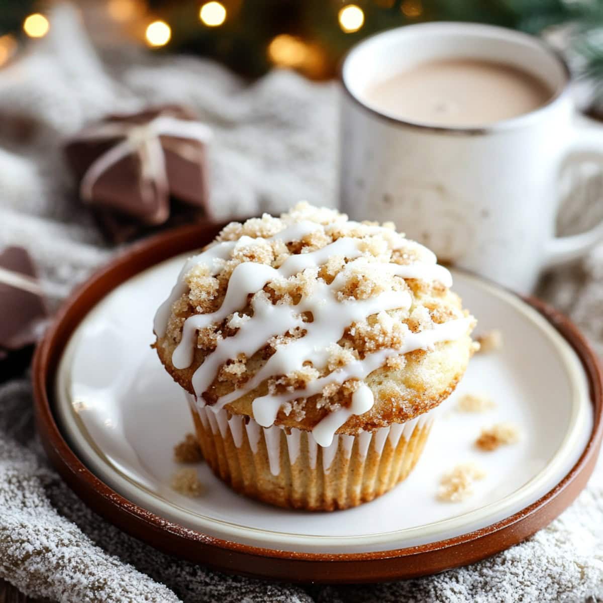 Eggnog Muffin on a Plate with a hot cocoa on the side