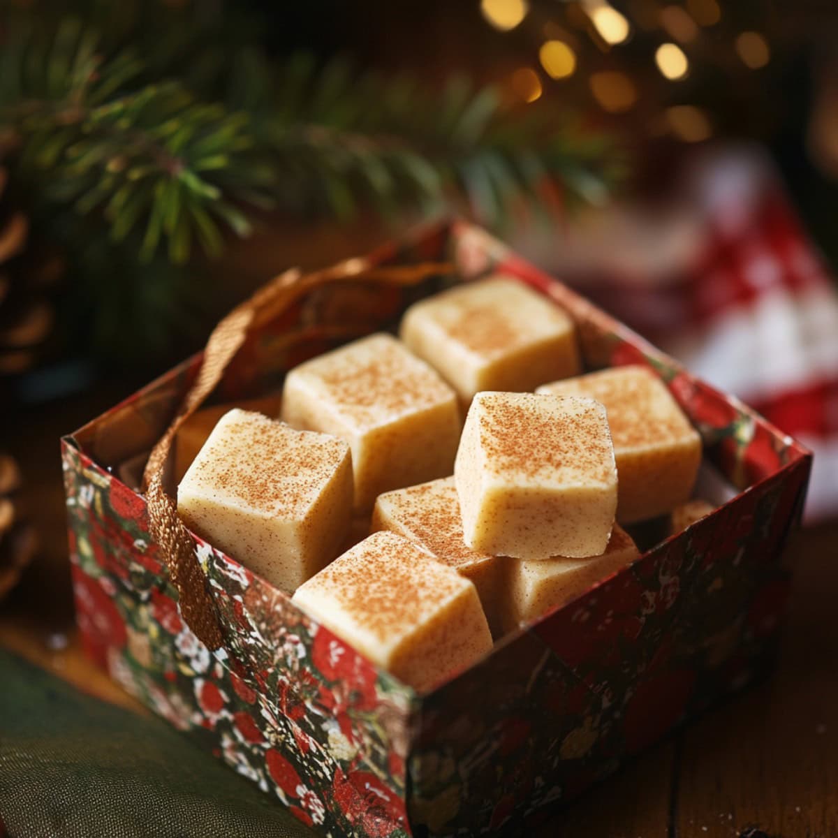 Eggnog Fudge in a festive box for the holidays