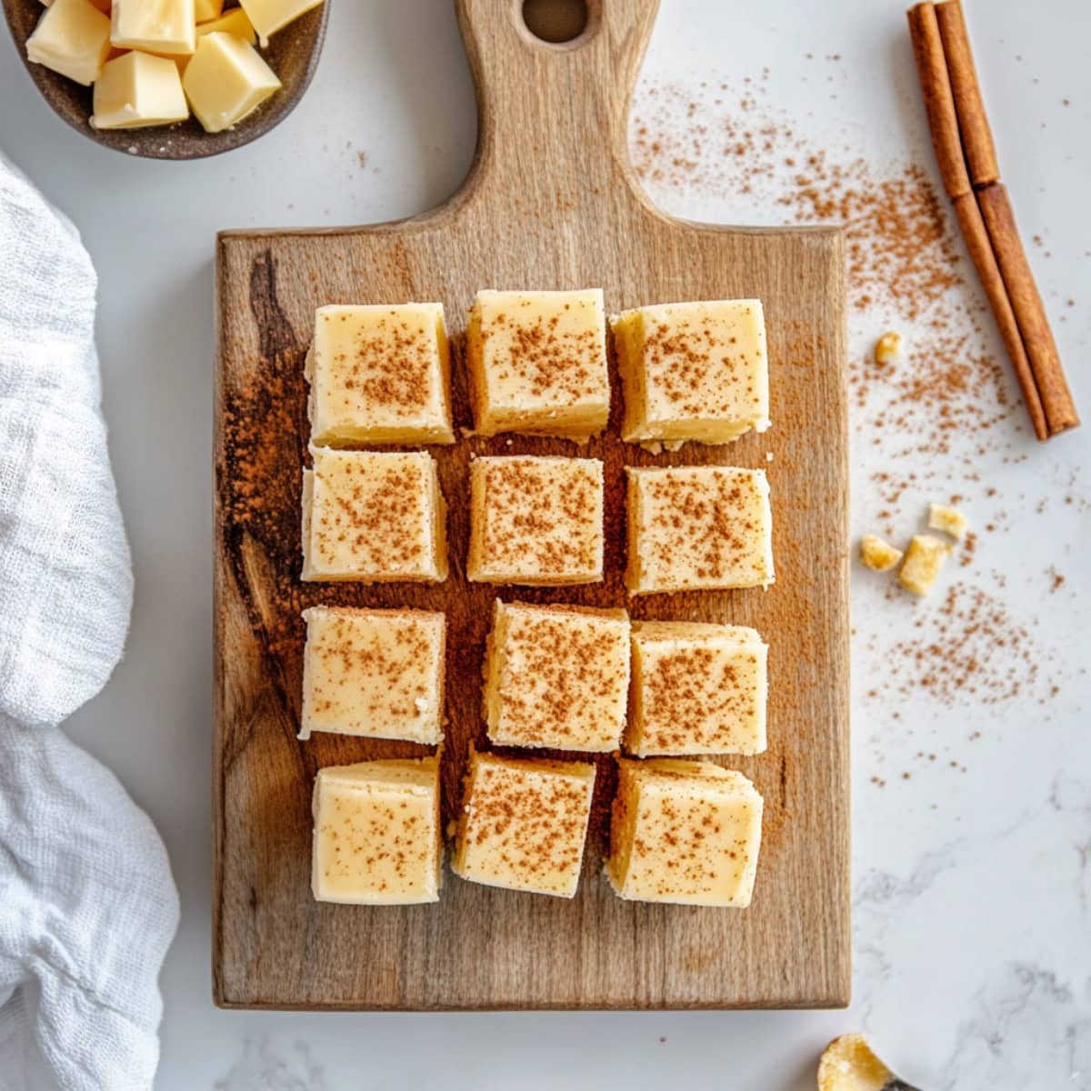 Eggnog Fudge on a chopping board, top view