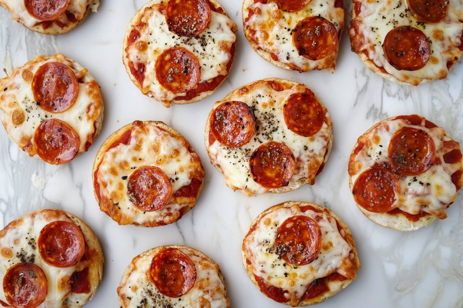 Mini English muffin pizzas on a white marble table topped with melted cheese, pepperoni, and tomato sauce.