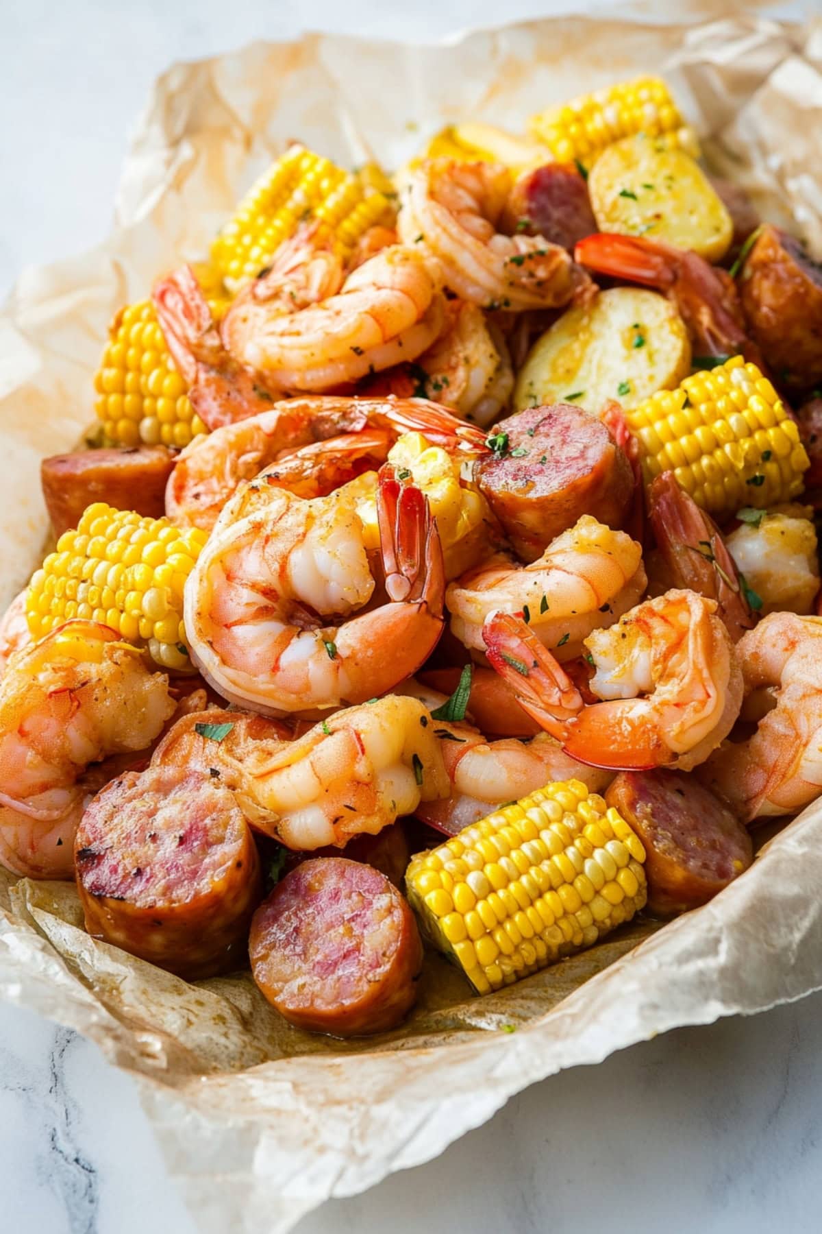 Homemade Frogmore stew with corn, sausage and red baby potatoes.