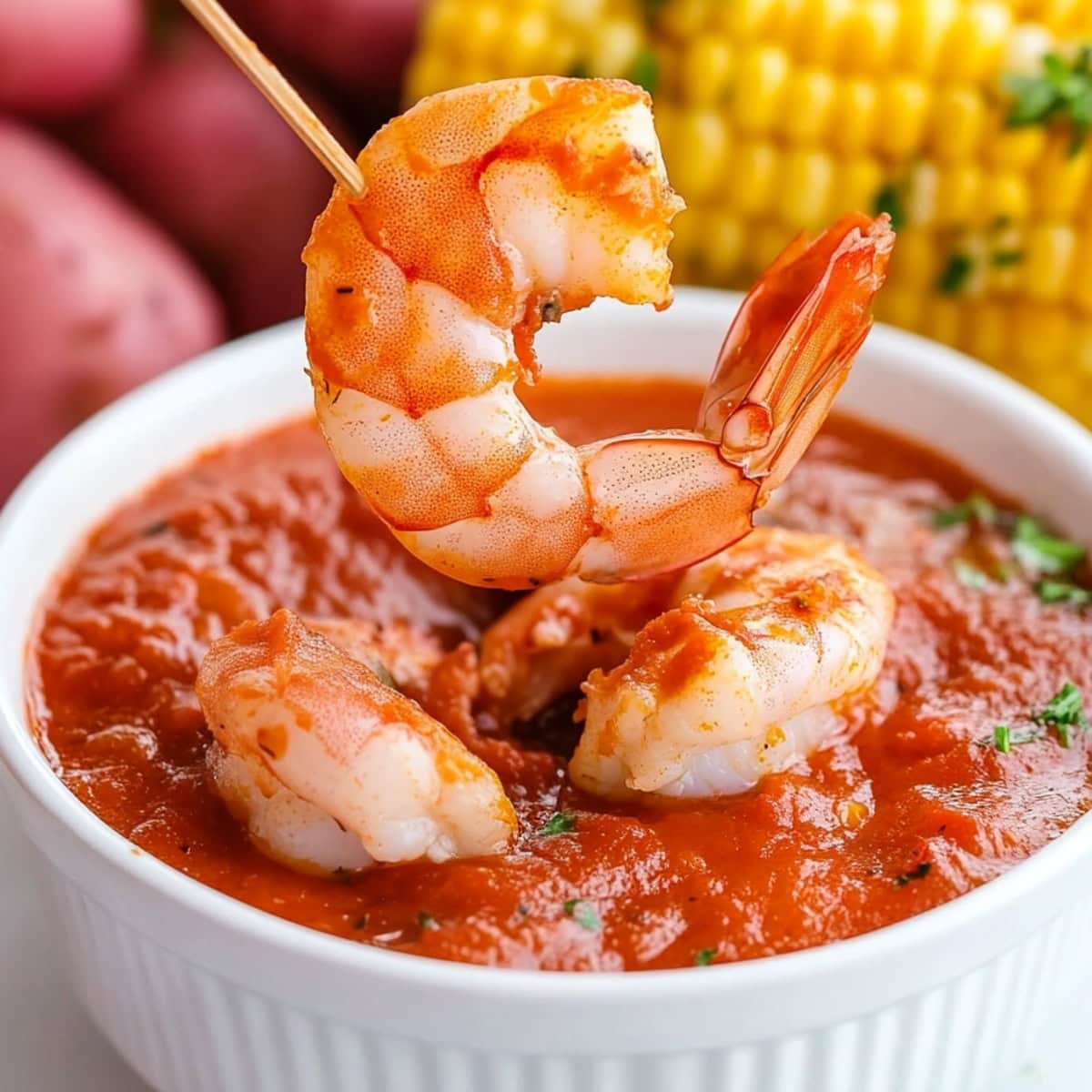 Frogmore stew featuring shrimp boil dipped in a bowl of marinara sauce.