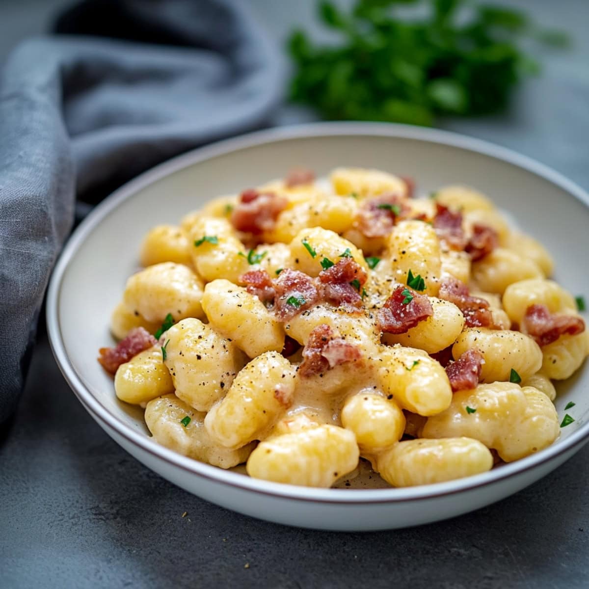 Close-up of creamy gnocchi carbonara topped with crispy pancetta and a sprinkle of parmesan.