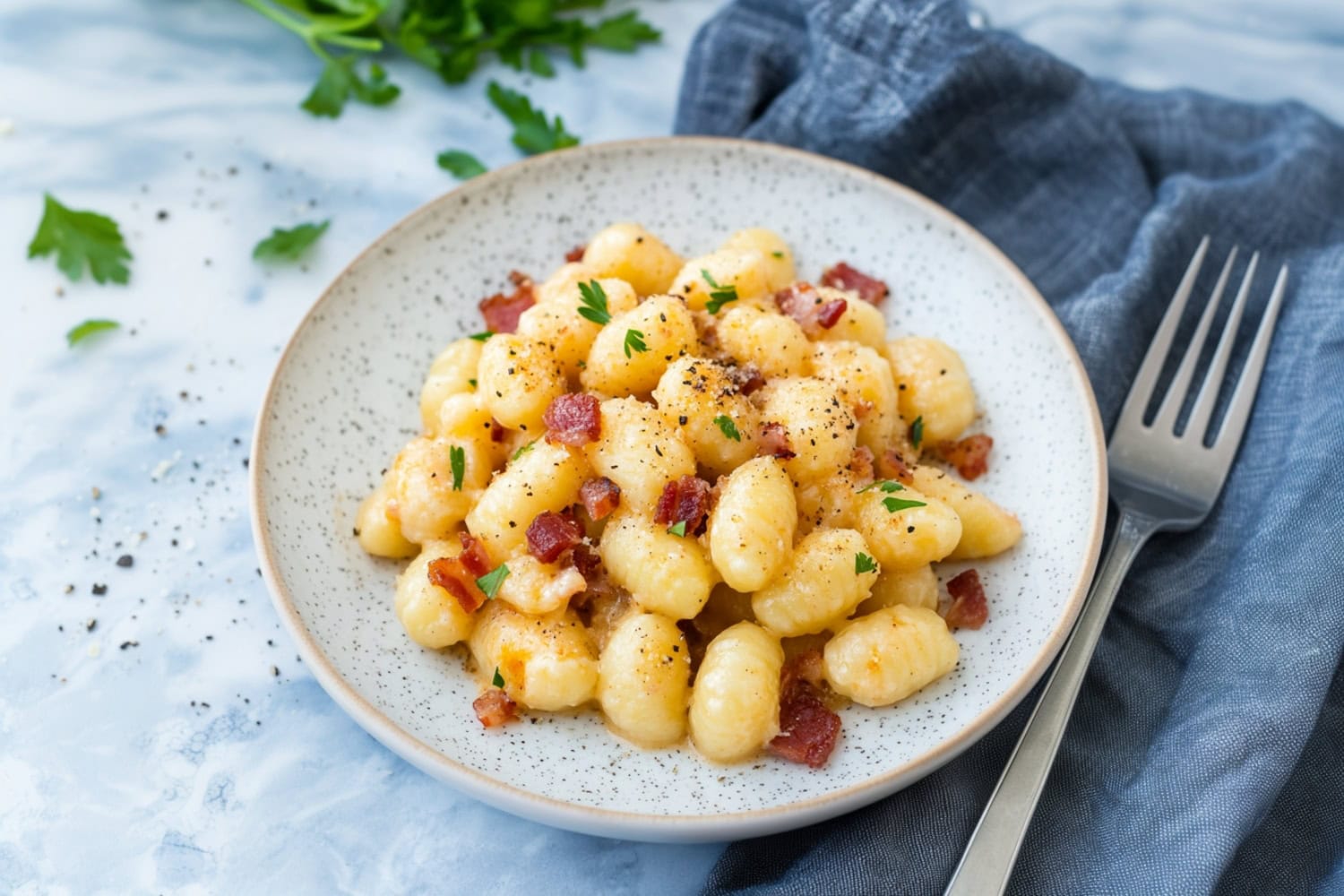 Creamy gnocchi carbonara, with rich cheese and pancetta, served hot on a white ceramic plate.