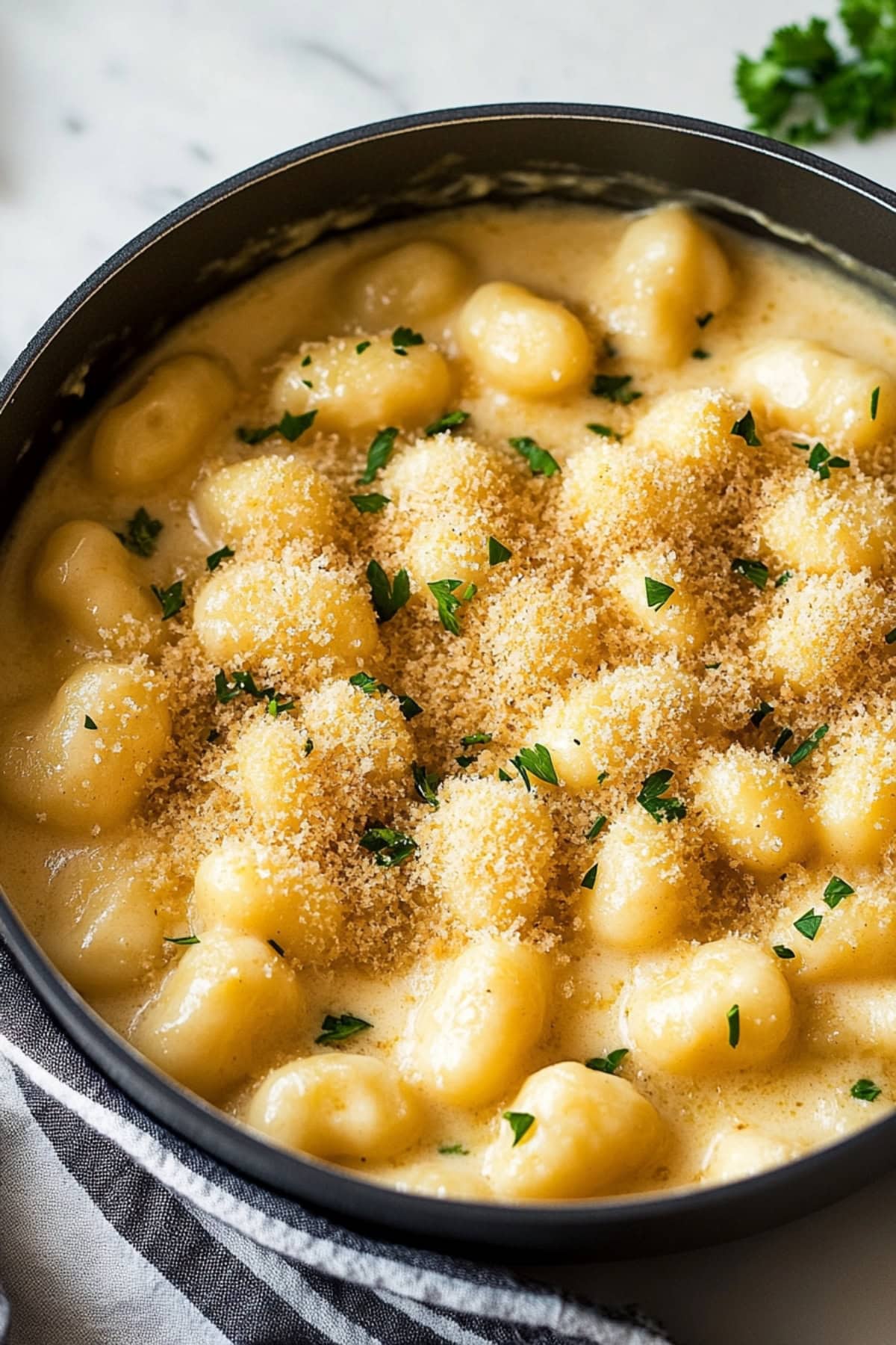 A close-up shot of gnocchi mac and cheese with panko crumbs in a skillet with fresh herbs.