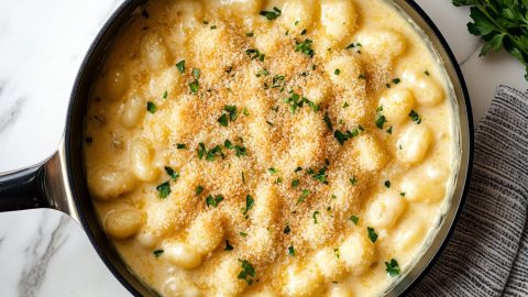 An overhead view of baked gnocchi mac and cheese in a saucepan.