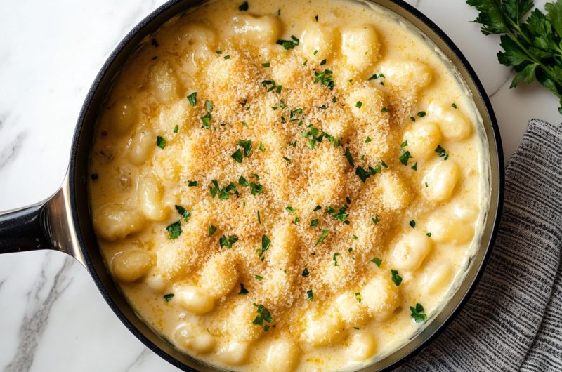 An overhead view of baked gnocchi mac and cheese in a saucepan.