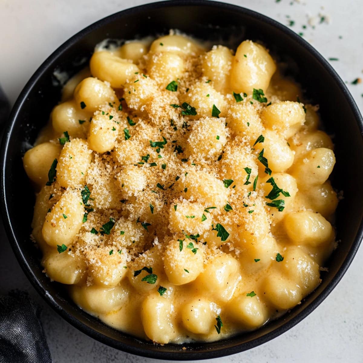 Gnocchi mac and cheese served in a bowl, topped with parsley, top view