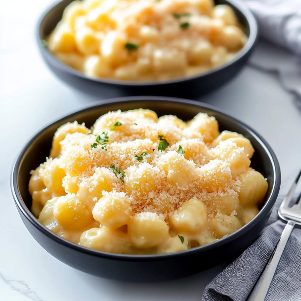 Two bowls of cheesy gnocchi mac and cheese with panko crumbs.