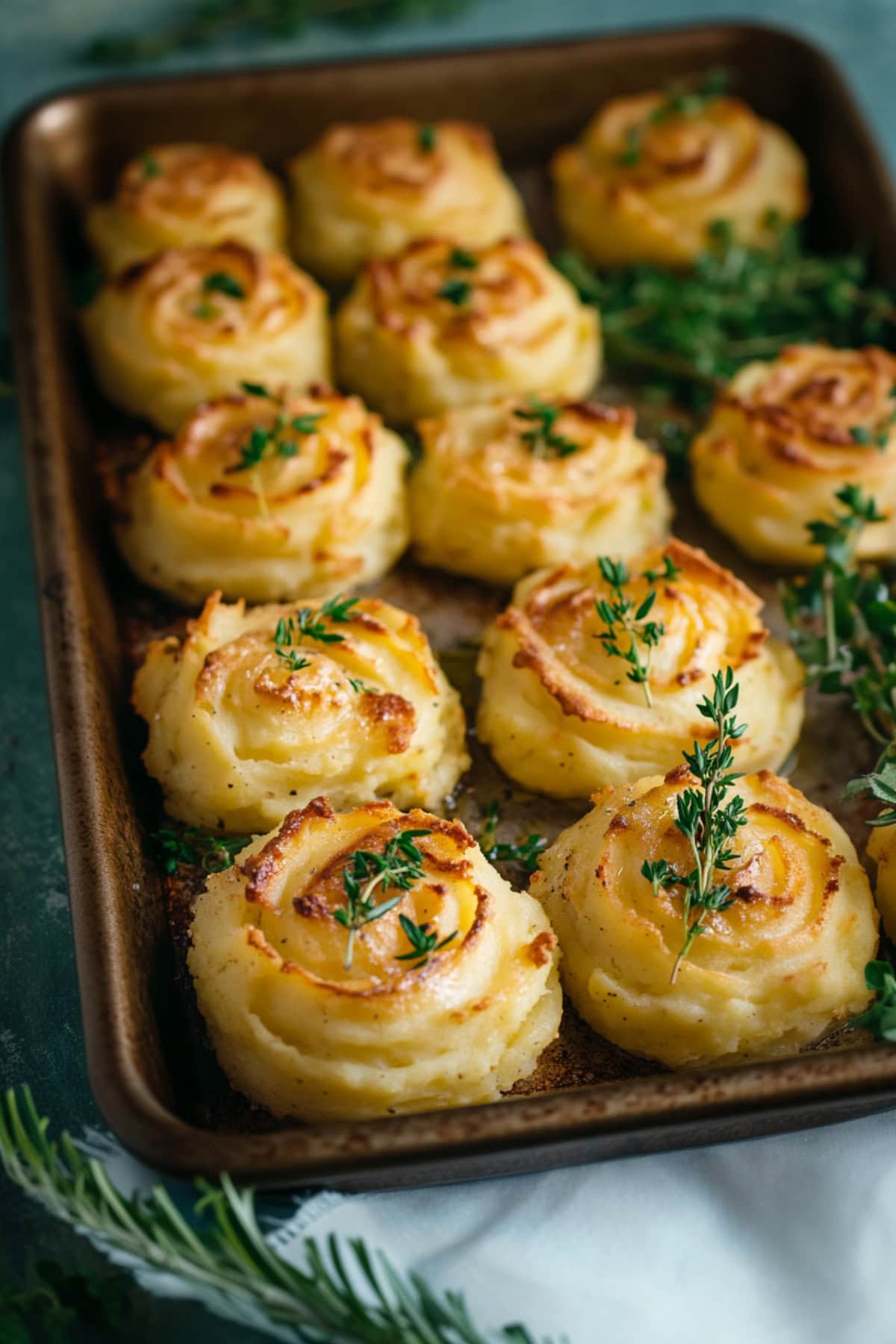 Golden Brown Duchess Potatoes on a baking tray