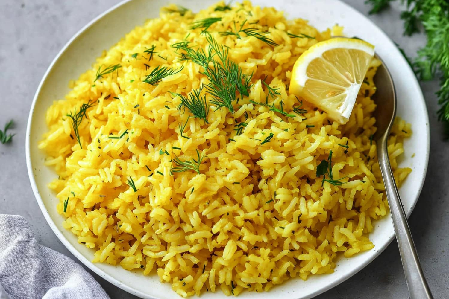 Steaming Greek lemon rice topped with chopped parsley and a drizzle of olive oil.