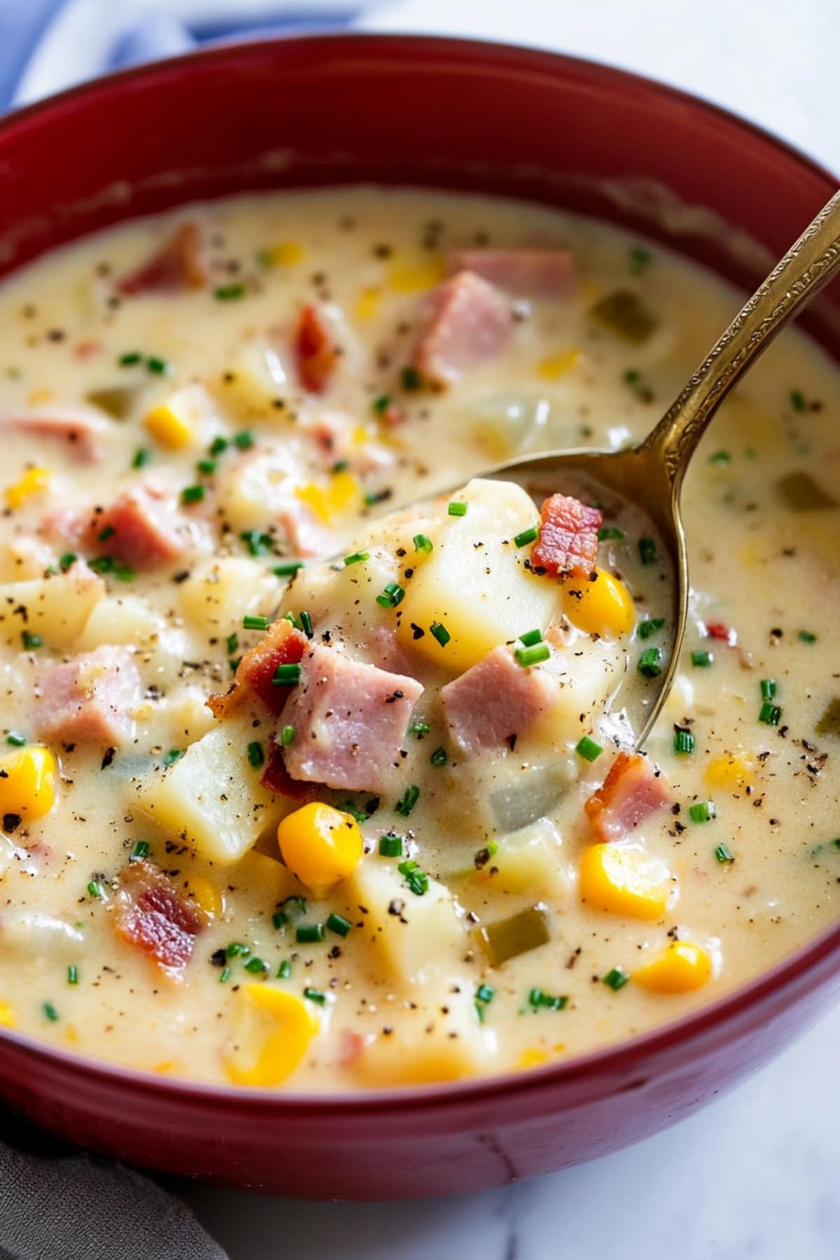 Ham and corn chowder with bacon bits, potatoes and chopped chives.