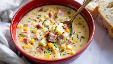 Creamy and flavorful ham and corn chowder with bread on the side.