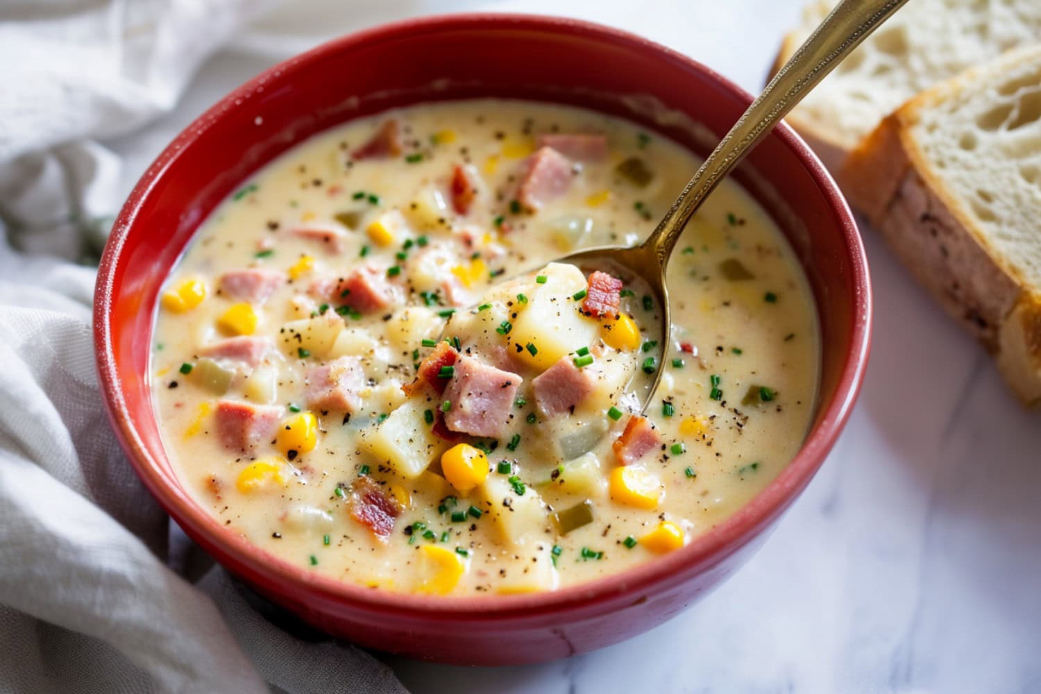 Creamy and flavorful ham and corn chowder with bread on the side.