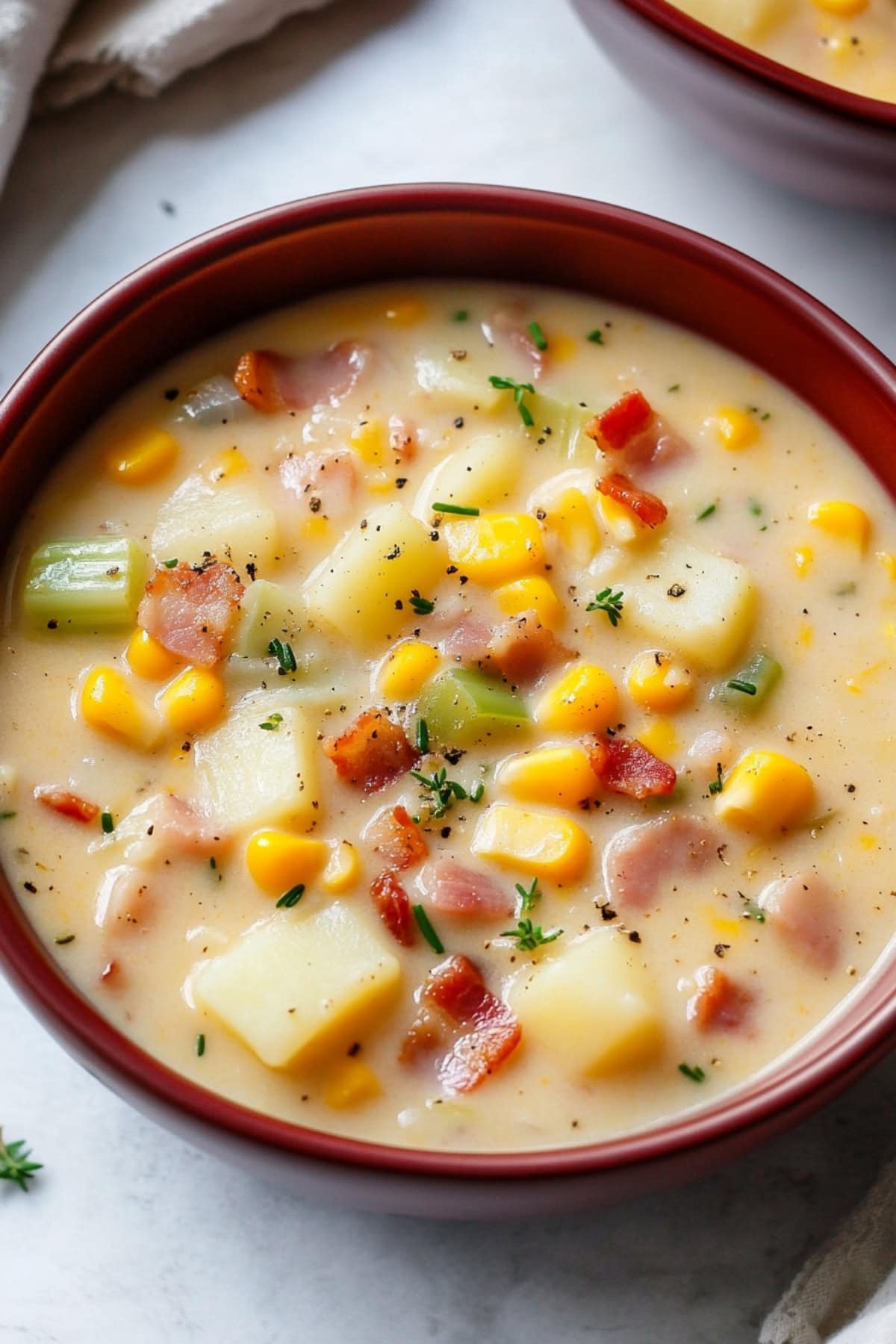 A red bowl of creamy ham and corn chowder with loaded potatoes and celery stalks.