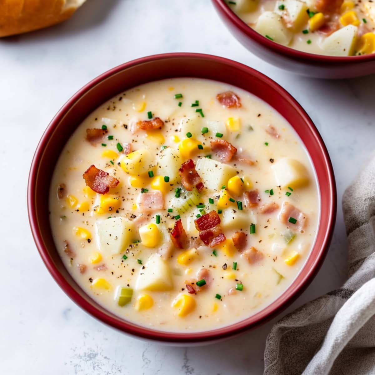 Two bowls of corn chowder with bacon, celery and potatoes.