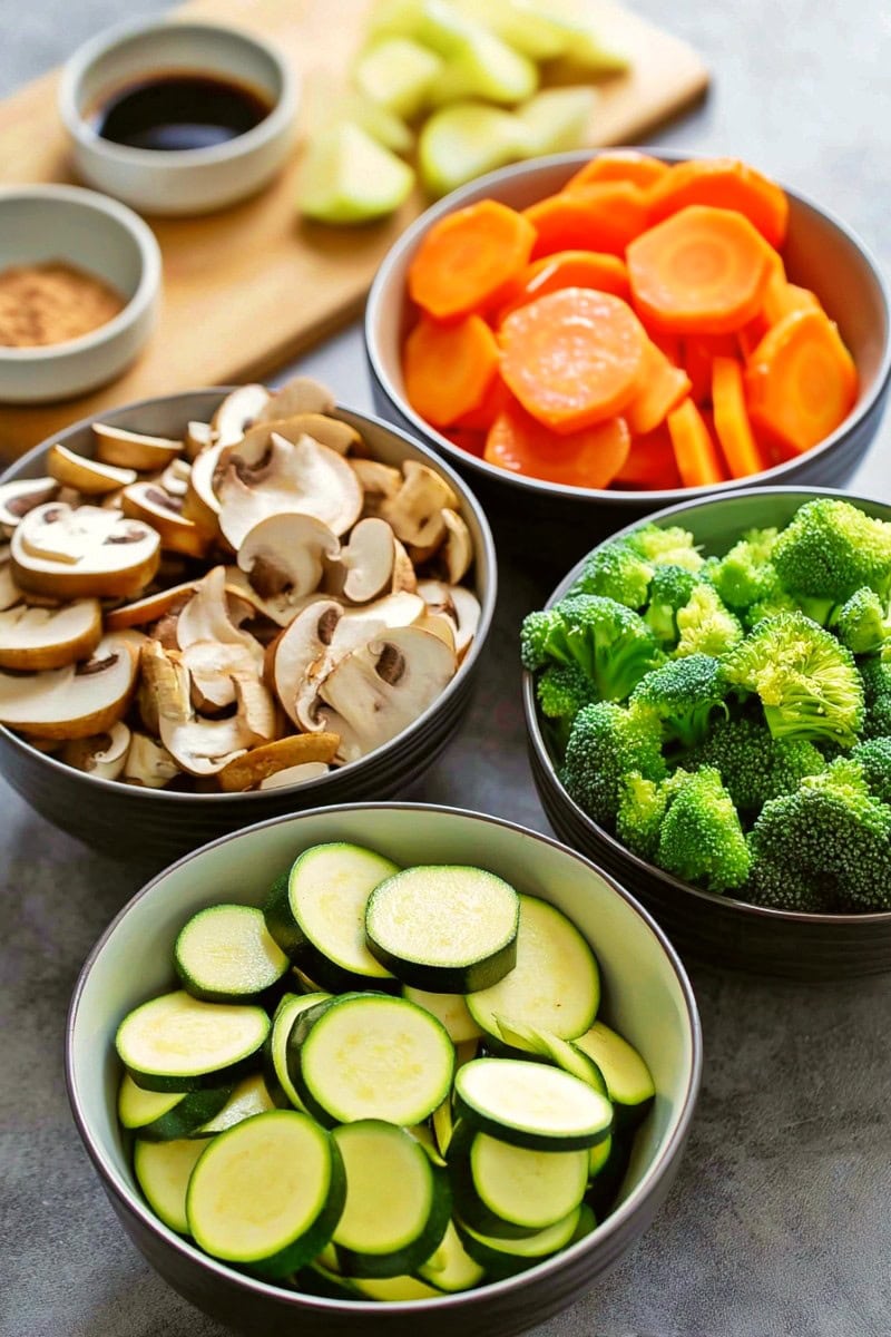 Ingredients for Hibachi Vegetables - zucchini, broccoli, mushrooms, carrots