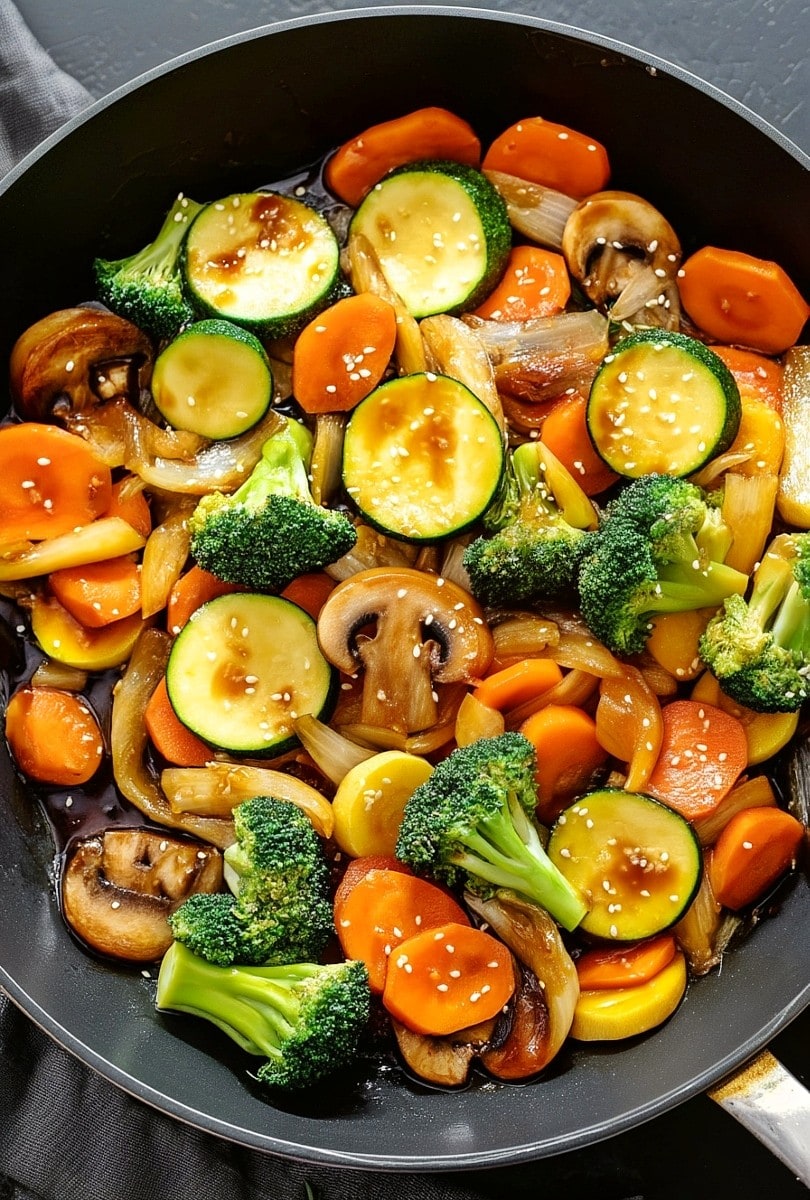 Freshly cooked hibachi vegetables in a skillet.