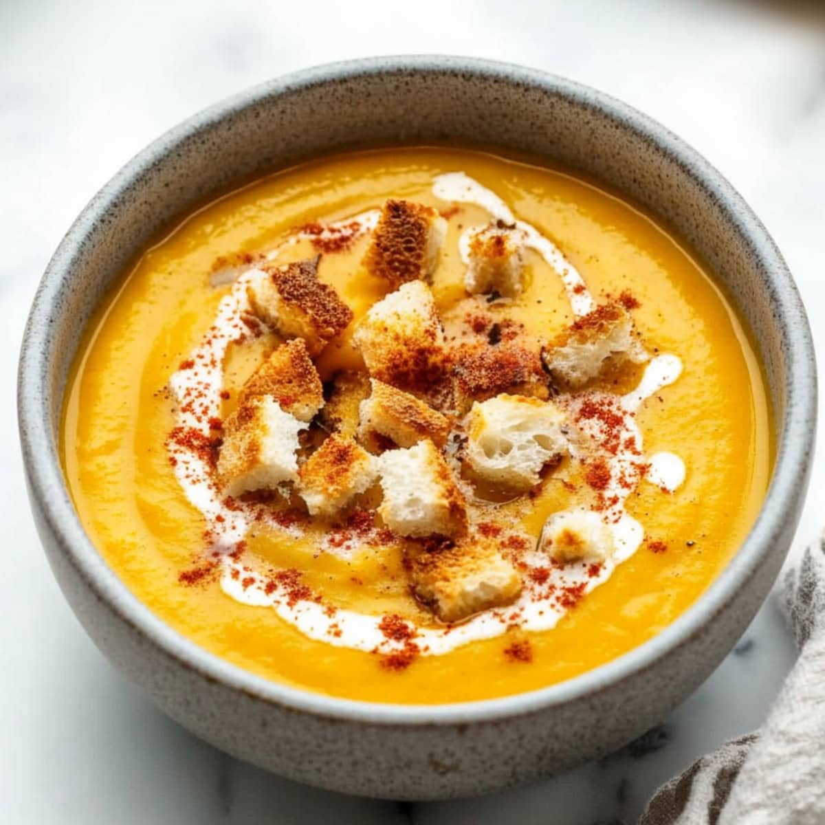 A serving of acorn squash soup in a white ceramic bowl with croutons for garnish.