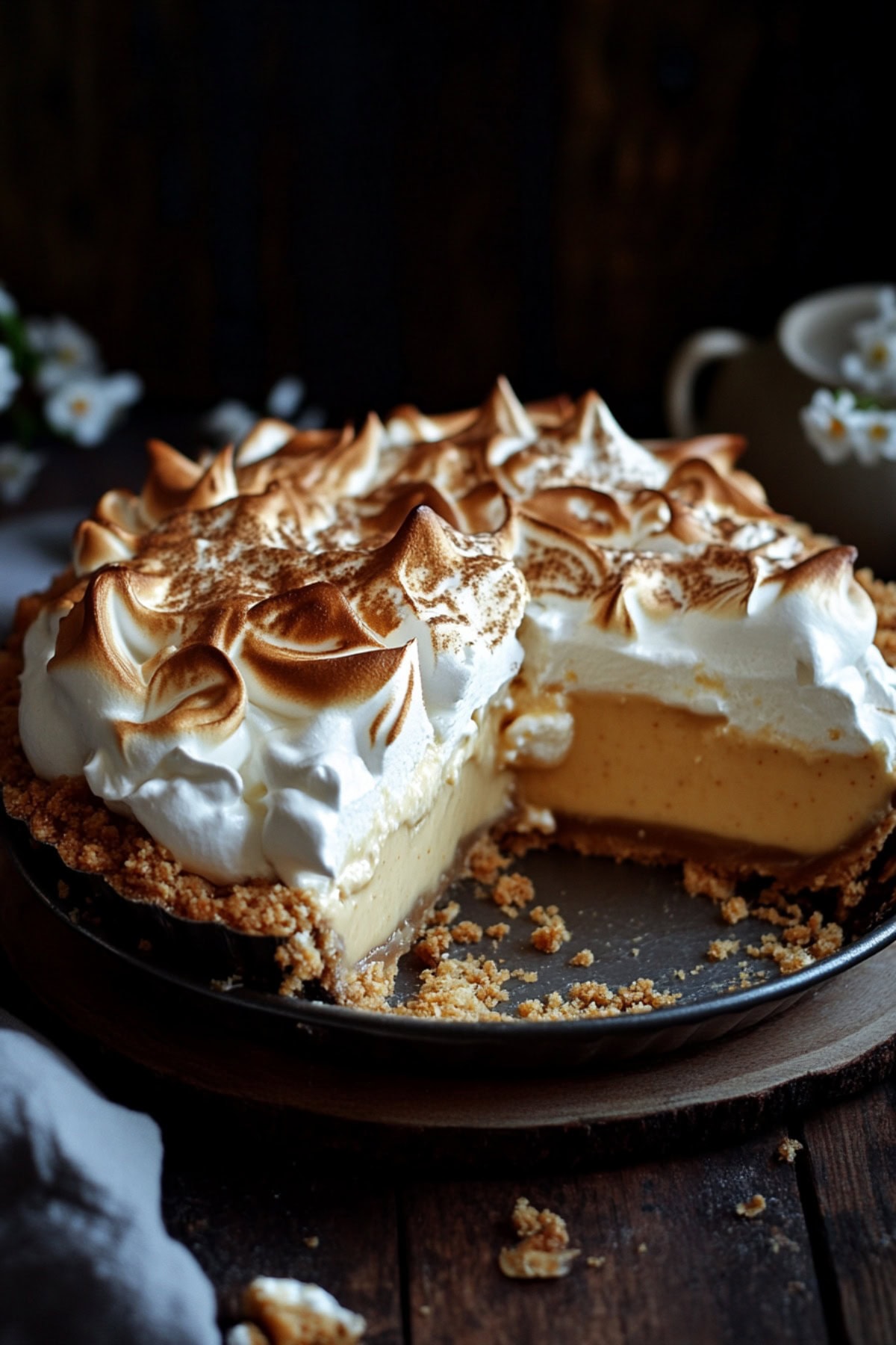 Homemade Butterscotch Pie in a Black Dish with a Slice Removed