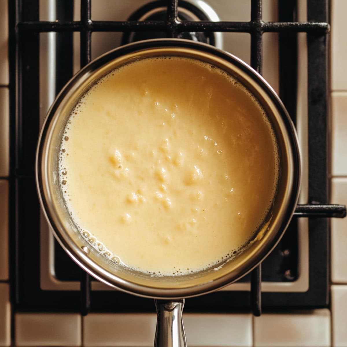 Homemade Butterscotch Pudding in saucepan, top view