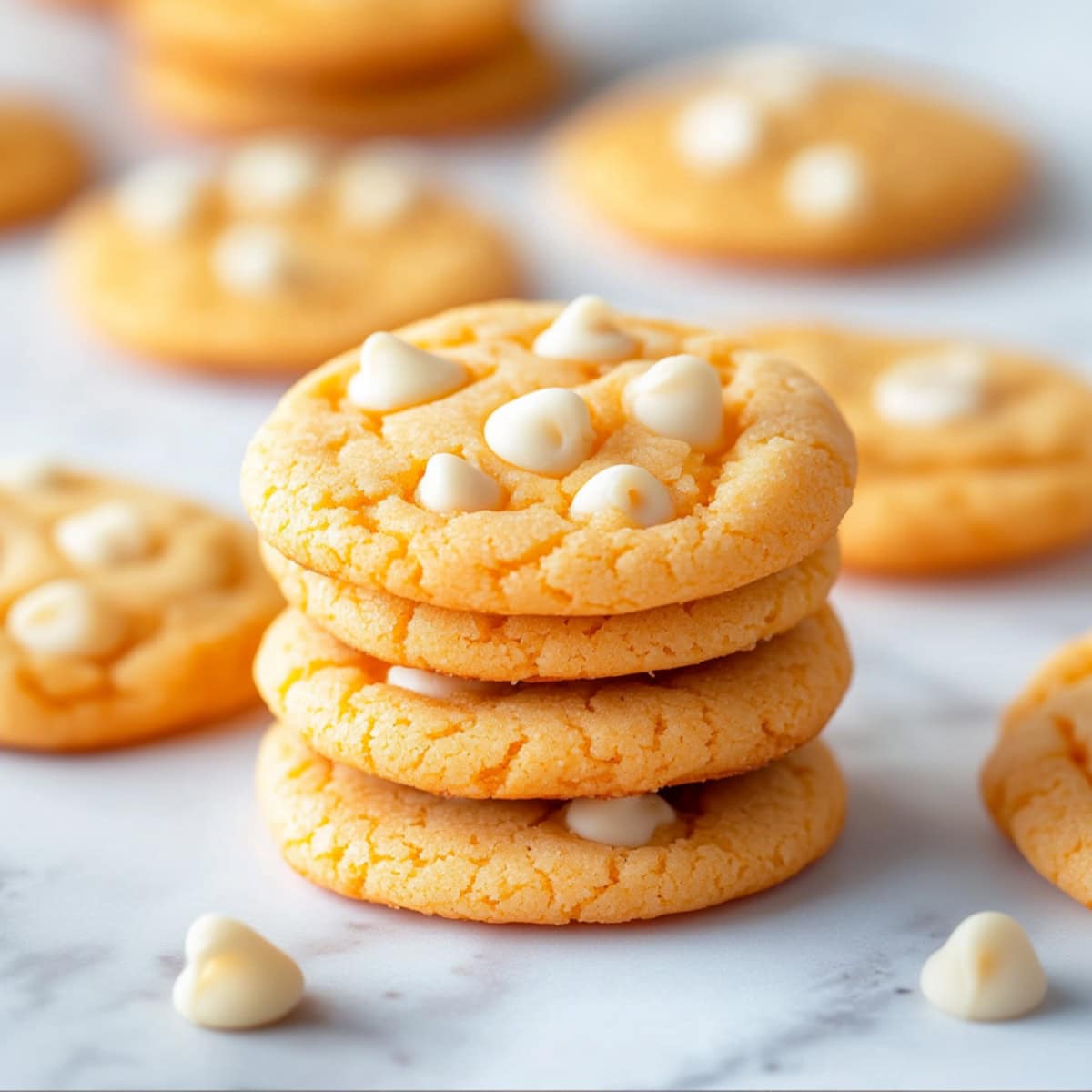 Sweet and citrusy orange creamsicle cookies with white chocolate chips.