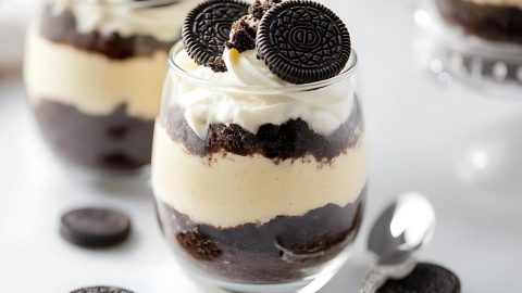 Layered Oreo pudding made with layers of crushed chocolate oreo and vanilla pudding inside glasses.