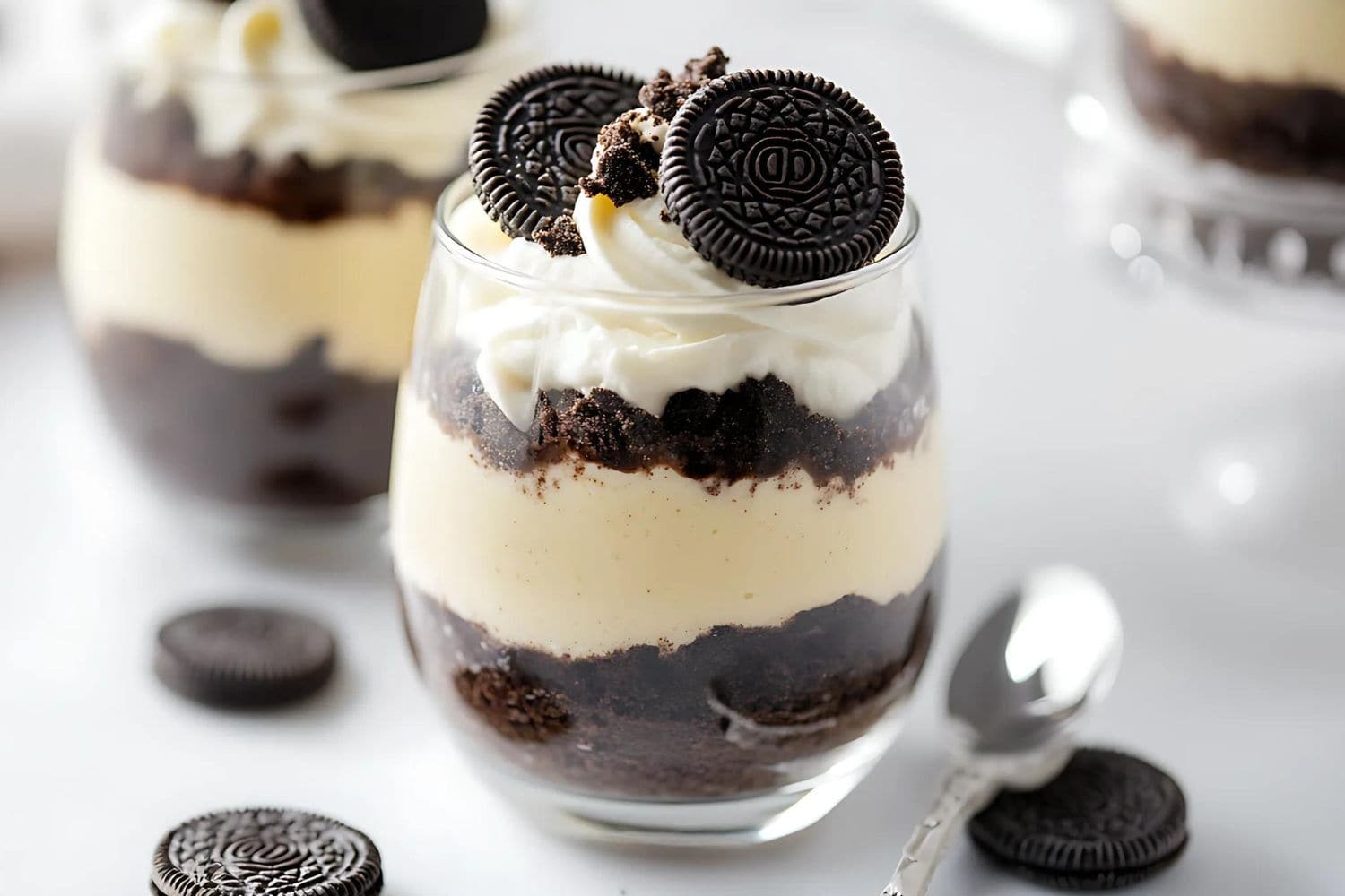 Layered Oreo pudding made with layers of crushed chocolate oreo and vanilla pudding inside glasses.