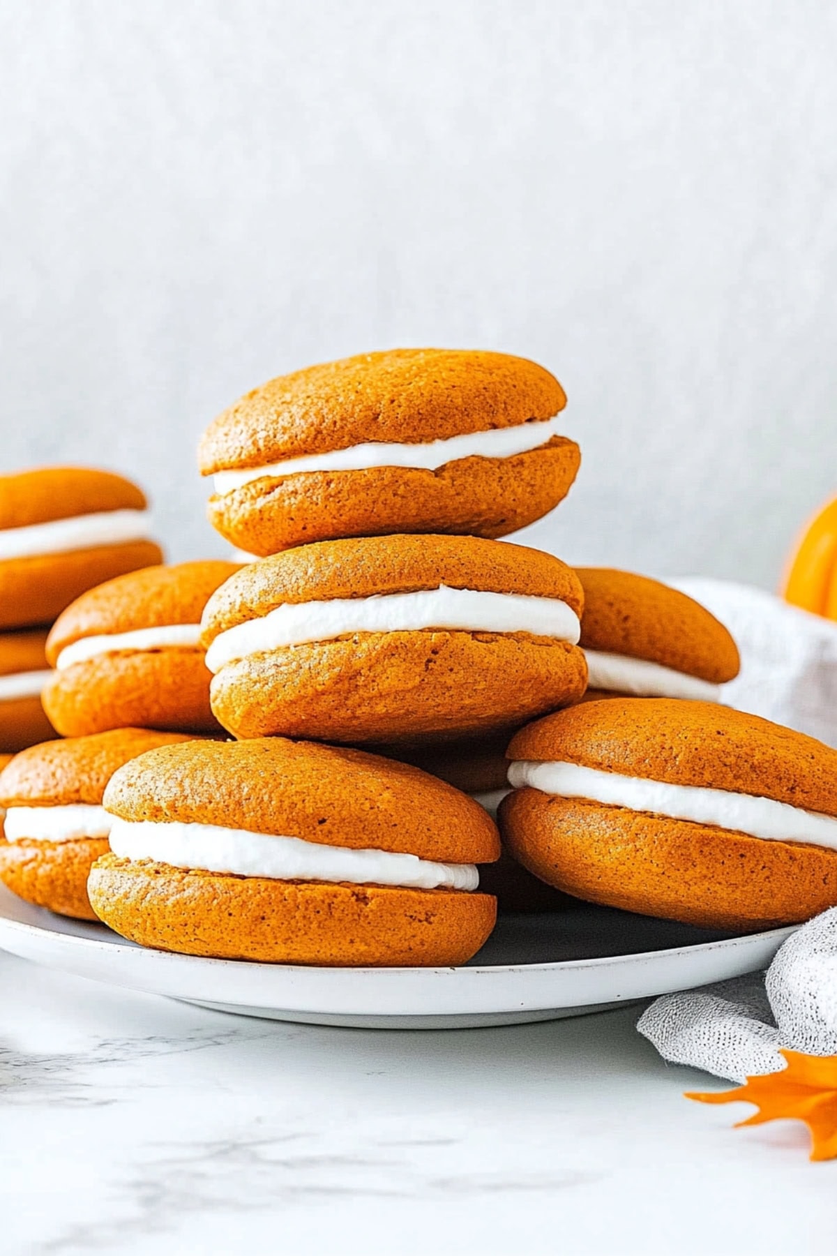 A stack of homemade pumpkin whoopie pies on a plate on a white marble table.