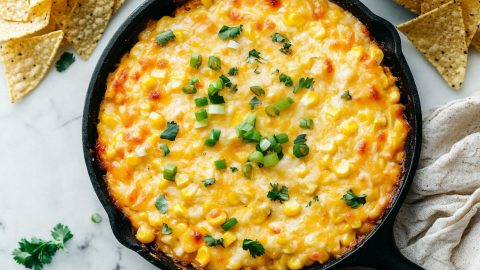 An overhead view of hot corn dip, garnished with herbs and served with chips.