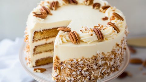 A single slice of Italian Cream Cake showing moist, flavorful layers and a thick layer of frosting topped with pecans and coconut.