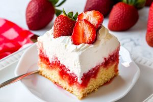 Square slice serving of jello poke cake garnished with fresh slices of strawberries.