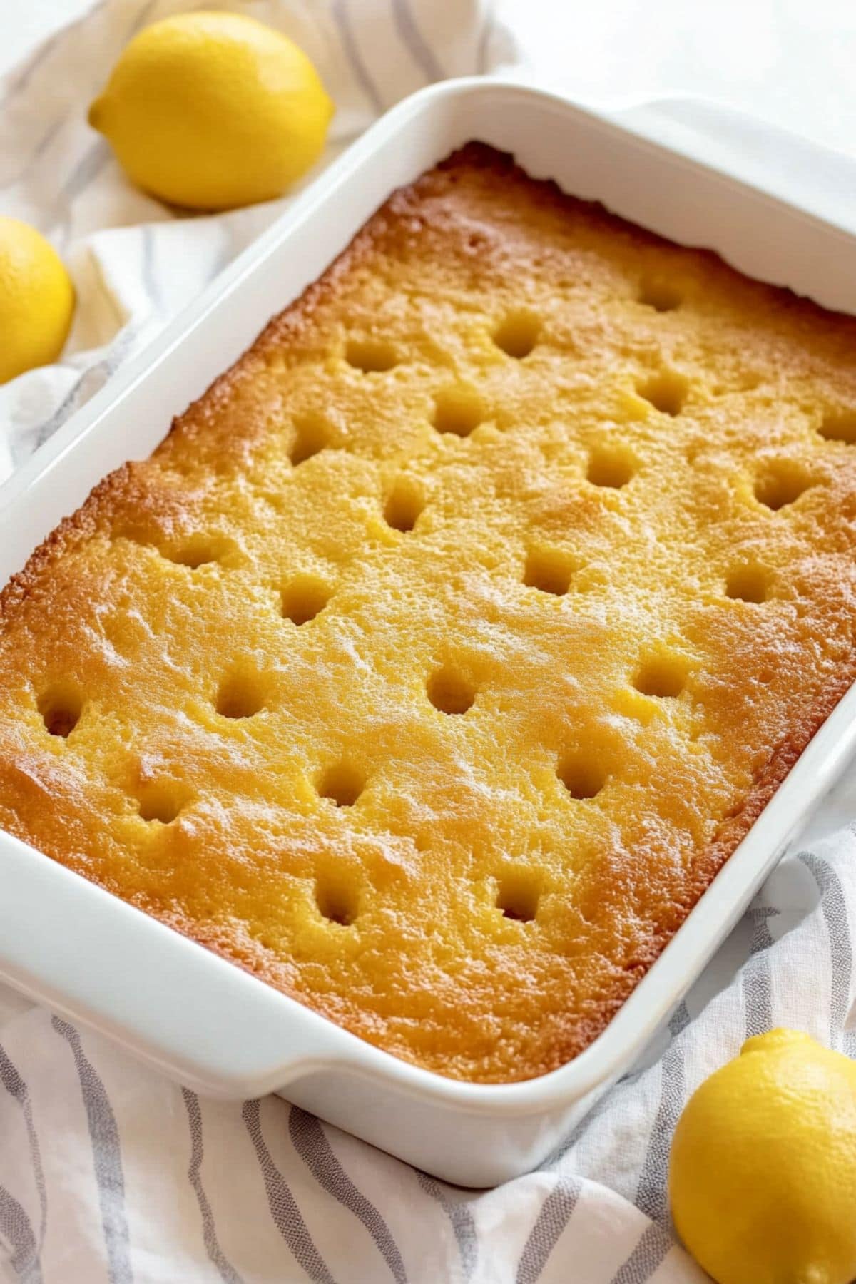 Poked lemon cake in a baking dish.