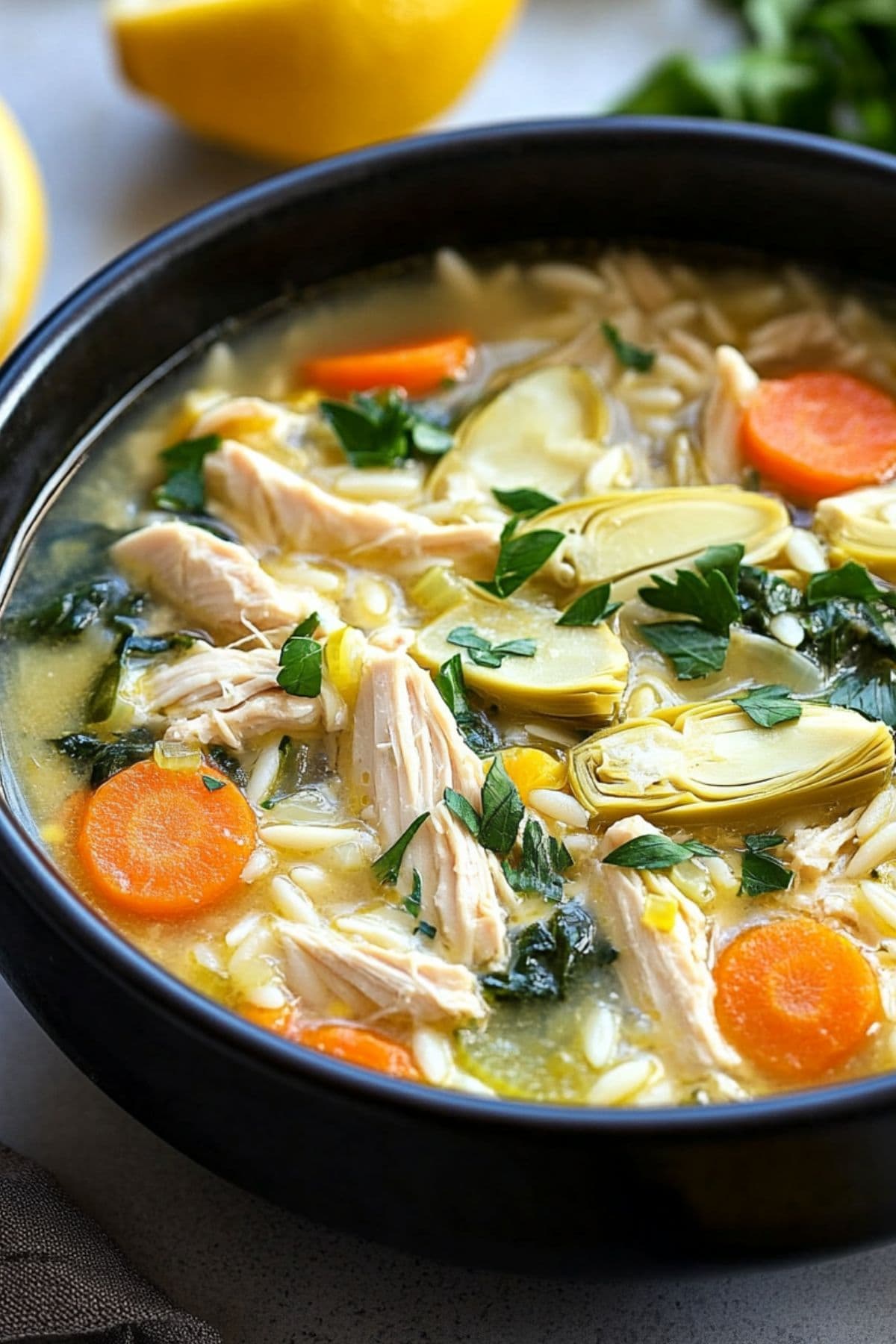 Black bowl with a serving of lemon chicken artichoke soup.