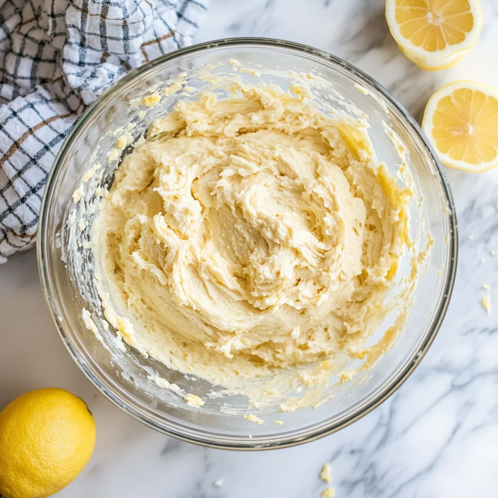 Lemon cake batter in a glass bowl, top view